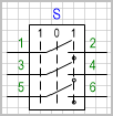 Переключатель с нейтральным положением и по 1 позиции в 2 направлениях, коммутируемых цепей (контактов) 3.