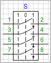 Переключатель с нейтральным положением и по 1 позиции в 2 направлениях, коммутируемых цепей (контактов) 4.