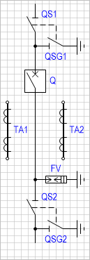 Блок-схема: разъединитель с заземляющим ножом - выключатель - разрядник - разъединитель с заземляющим ножом (с двумя трансформаторами тока).