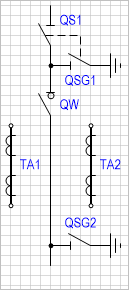 Блок-схема: разъединитель с заземляющим ножом - выключатель нагрузки - заземляющий разъединитель (с двумя трансформаторами тока).