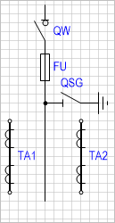 Блок-схема: выключатель нагрузки - предохранитель - заземляющий разъединитель (с двумя трансформаторами тока).